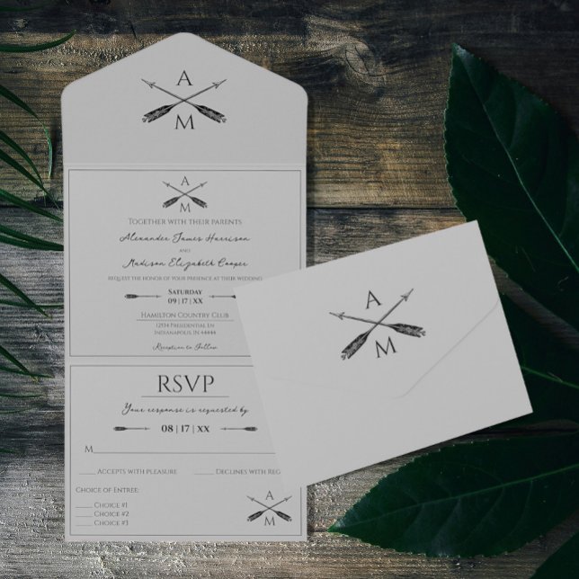 Arrows and Monograms Wedding | Gray All In One Invitation (Creator Uploaded)