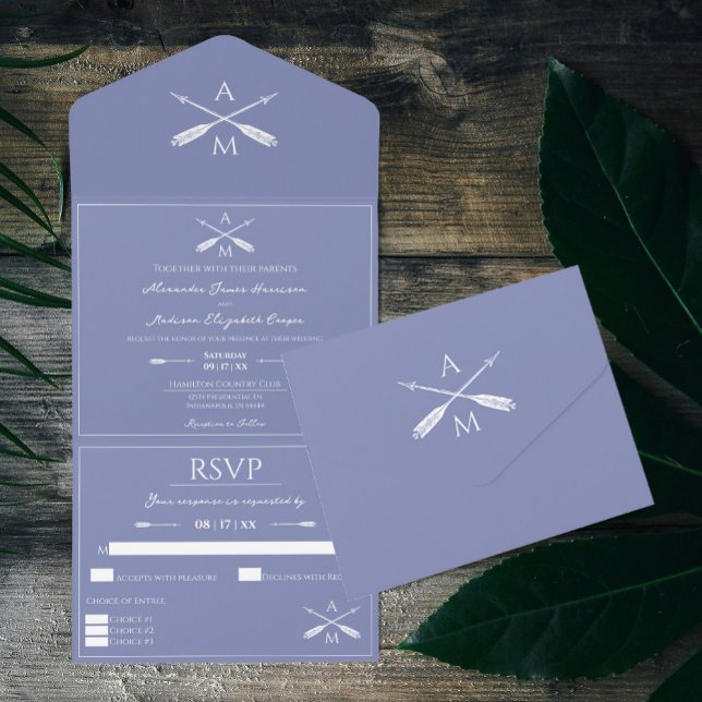Arrows and Monograms Wedding | Periwinkle All In One Invitation (Periwinkle Arrows and Monograms Wedding All in One Invitation)