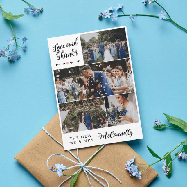 Arrows Heart Photo Collage Love & Thanks Wedding Thank You Card | Zazzle
