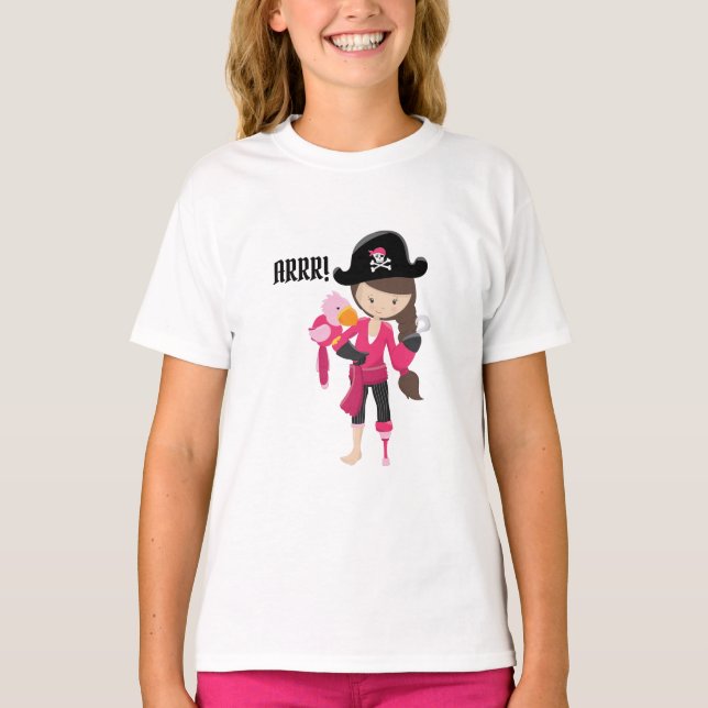 ARRR! Cute Fun Pirate Girl Pink Parrot T-Shirt (Front)