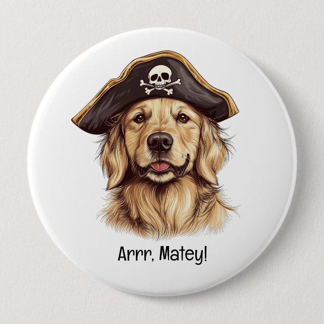 Arrr Matey Pirate Golden Retriever Dog Skull Button (Front)