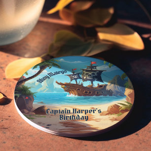 Arrr-some Pirate Island Ship Birthday Round Paper Coaster