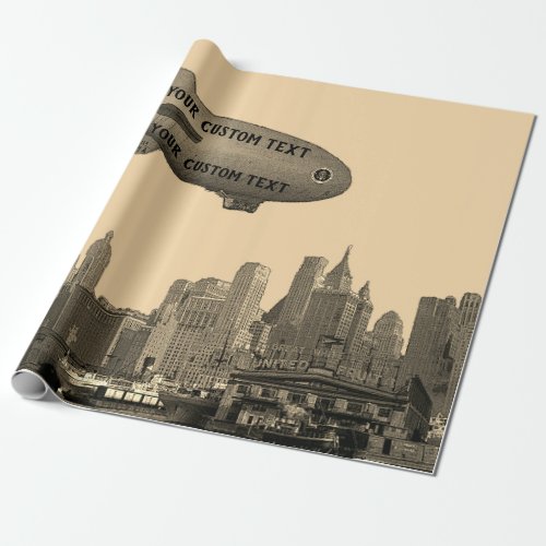ART 1930S BLIMP NEW YORK CITY SKYLINE  YOUR TEXT WRAPPING PAPER