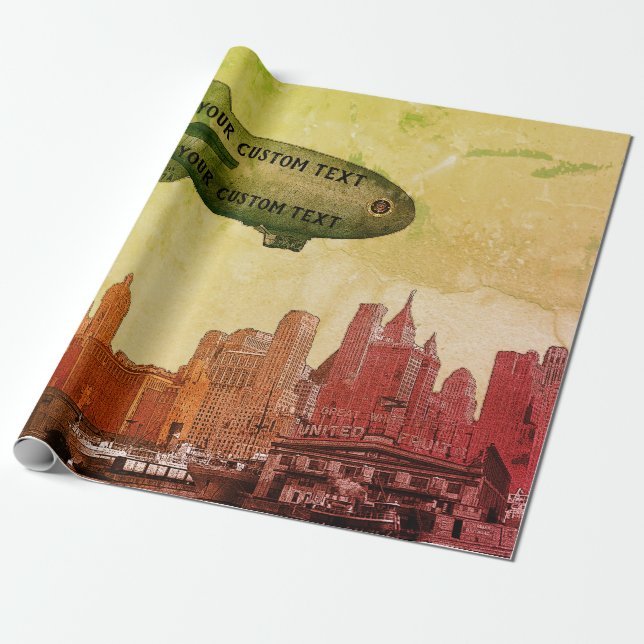 ART 1930'S BLIMP NEW YORK CITY SKYLINE  YOUR TEXT WRAPPING PAPER (Unrolled)