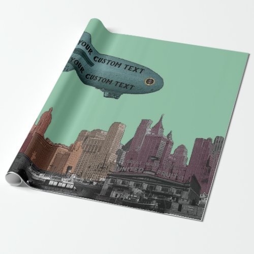 ART 1930S BLIMP NEW YORK CITY SKYLINE  YOUR TEXT WRAPPING PAPER