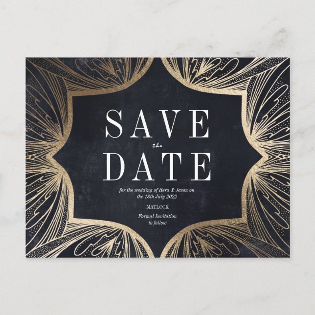 Art Art Nouveau  charcoal and Gold Save the date Postcard (Front)