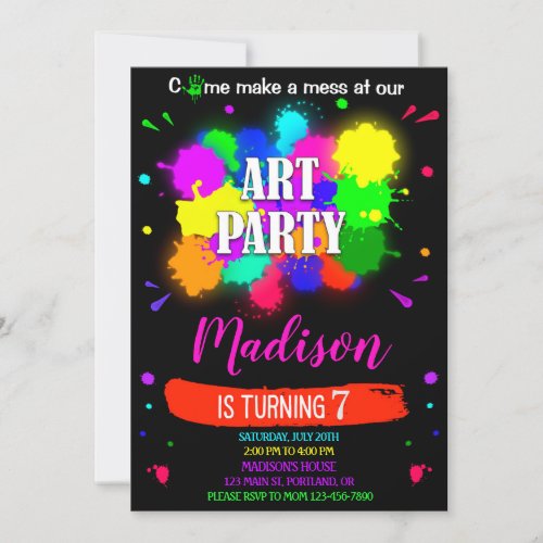Art birthday invitation Artsy paint craft party