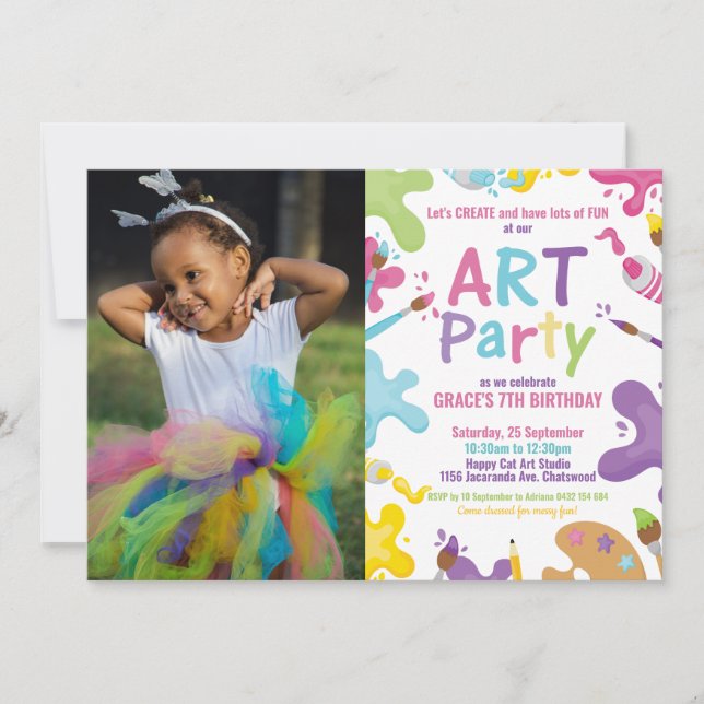 Art Birthday Party Rainbow Painting Girl Photo Invitation (Front)