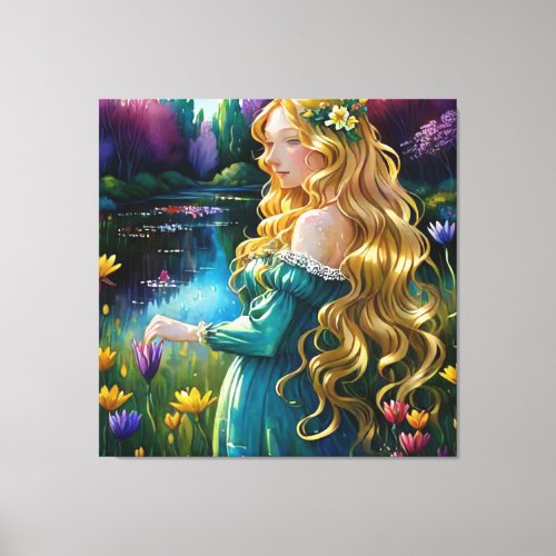   Art Blonde Wild Flowers Woman Pond AP56  Canvas Print