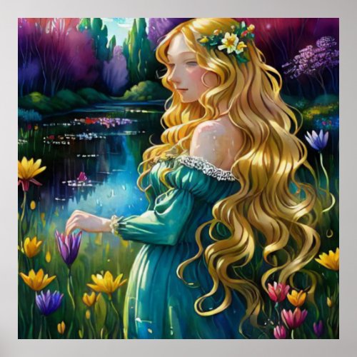   Art Blonde Woman Flowers Woman Pond AP56  Poster