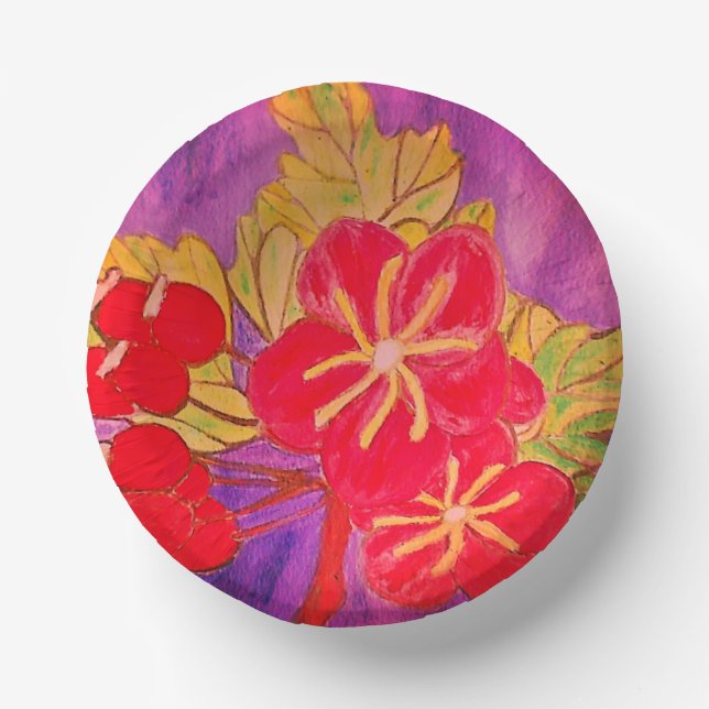 ART BRIGHT SHINY FLOWER DESIGN RED GREEN MAUVE PAPER BOWLS (Front)
