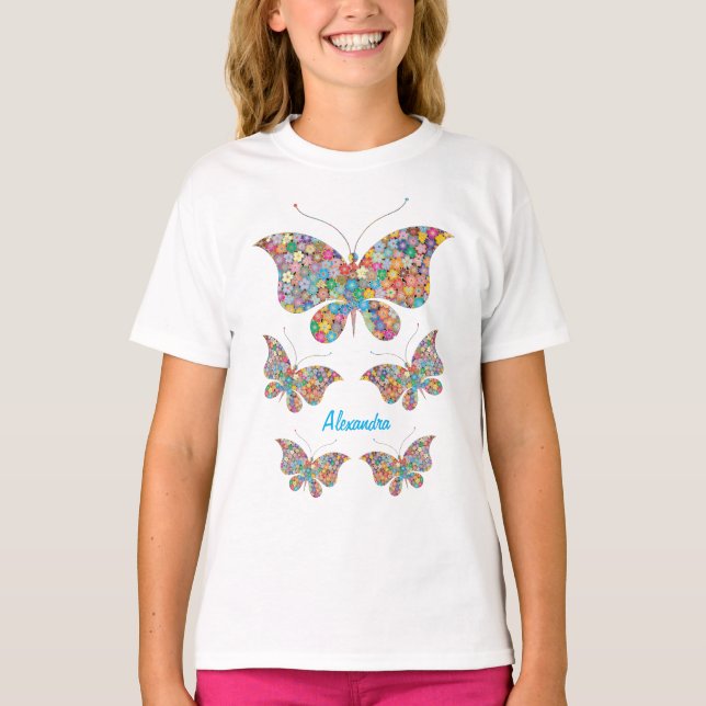 Art Butterflies Flowers Personalize Name T-Shirt (Front)