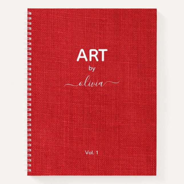 Art By Custom Name Red Linen Photo Notebook (Front)