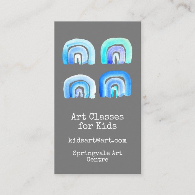 Art Classes for Kids business blue rainbow Business Card (Front)