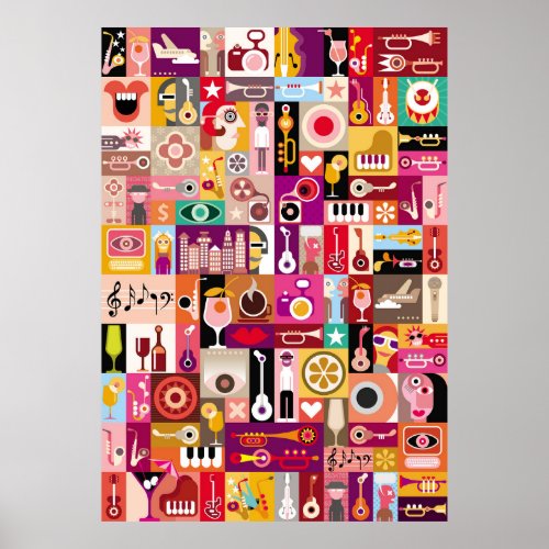 Art collage musical vintage illustration Patchwo Poster