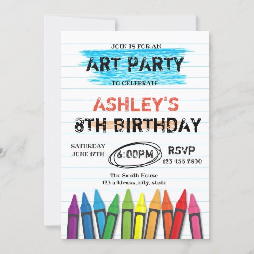 Art crayon birthday party invitation