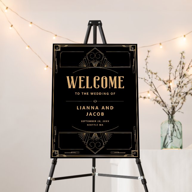 Art Deco 1920 Black Gold Elegant Wedding Welcome Foam Board (In Situ (Stand))
