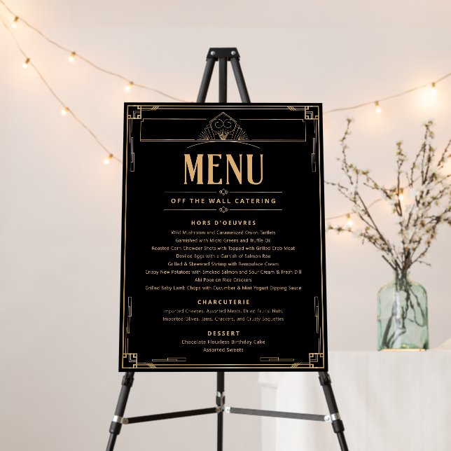 Art Deco 1920 Black Gold Wedding Menu Sign (In Situ (Stand))