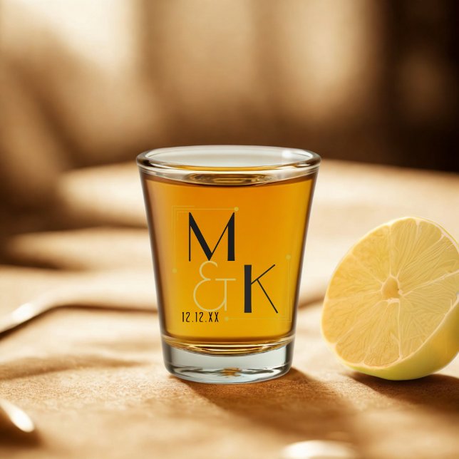 Art Deco 1920 Wedding Save The Date Shot Glass (Save the Date shot glass for your vintage Gatsby Wedding. Just add your initials and wedding date)