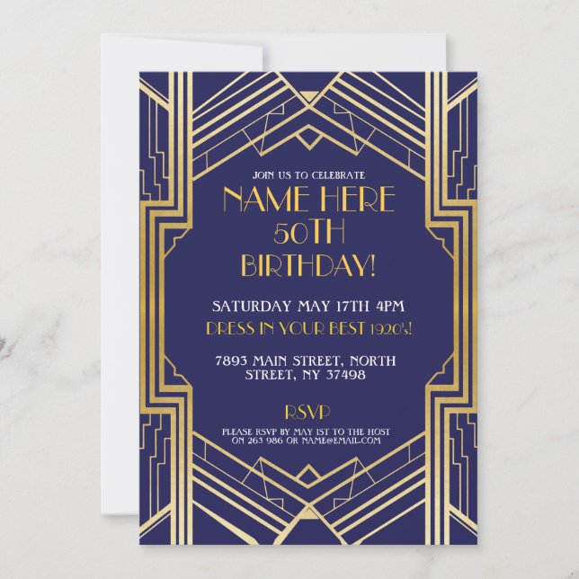Art Deco 1920's Birthday Invite Gatsby Gold Pary (Front)