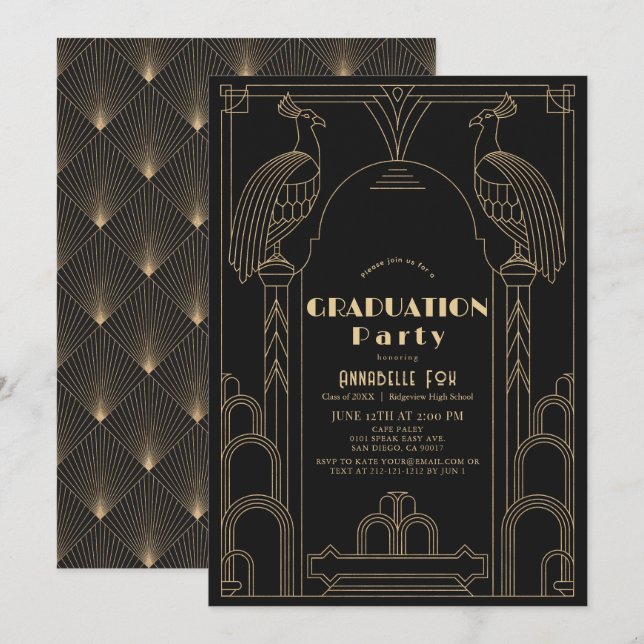 Art Deco 1920's Black Peacock Graduation Invitation (Front/Back)