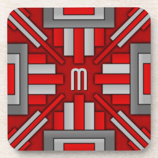 Art Deco 1920's Geometric Red-Gray Drink Coaster (Front)