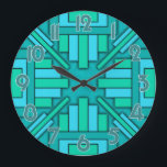 Art Deco 1920s Geometric Teal Green Blue Pattern Large Clock<br><div class="desc">This beautiful, original clock design is done in a geometric art deco style reminiscent of the modern 20's. The rectangular shapes point inward towards the clock hands. The colors are done in various shades of green and blue, ranging from teal to turquoise to sea green. The clock numbers are teal...</div>