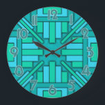 Art Deco 1920s Geometric Teal Green Blue Pattern Large Clock<br><div class="desc">This beautiful, original clock design is done in a geometric art deco style reminiscent of the modern 20's. The rectangular shapes point inward towards the clock hands. The colors are done in various shades of green and blue, ranging from teal to turquoise to sea green. The clock numbers are teal...</div>