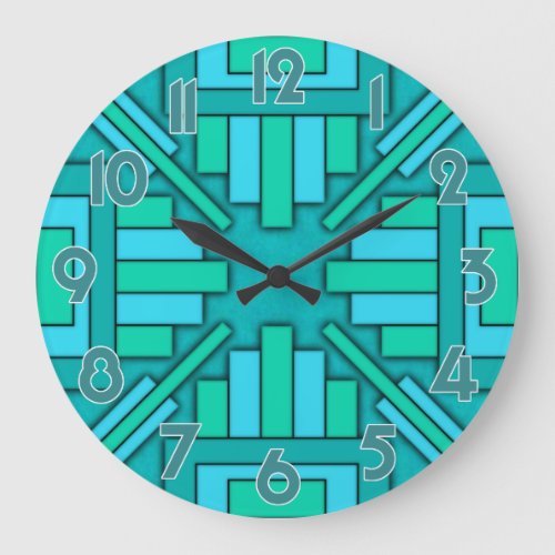 Art Deco 1920s Geometric Teal Green Blue Pattern Large Clock