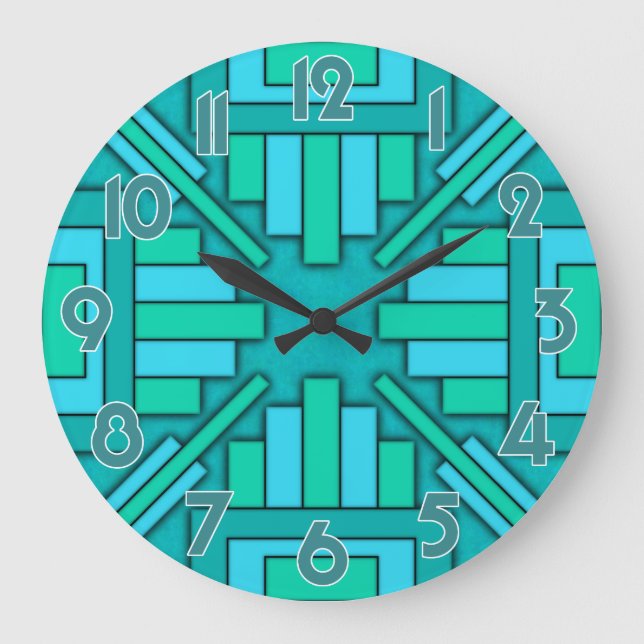 Art Deco 1920s Geometric Teal Green Blue Pattern Large Clock (Front)