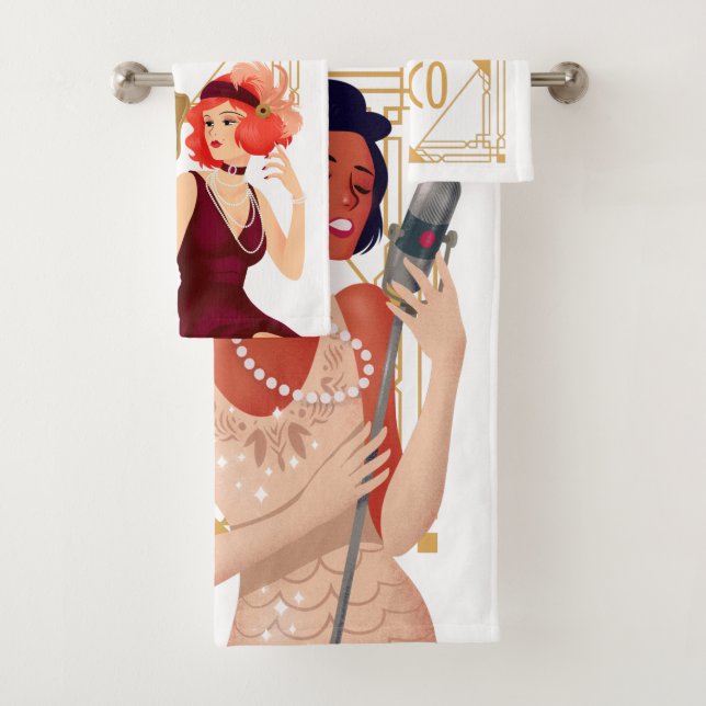 Art Deco 1920s Glam Ladies Gold White Bath Towel Set (Insitu)