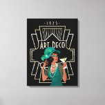 Art Deco 1920s Lady Green Dress Gold Frame Black Canvas Print<br><div class="desc">Vintage Art Deco style with this glam 1920s Lady In a green dress and hat holding a cocktail,  and a gold twenties style frame and typography Art Deco and 1925. Would be great wall art for Art Deco style bar or restaurant maybe.</div>