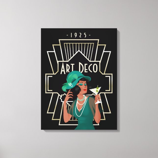 Art Deco 1920s Lady Green Dress Gold Frame Black Canvas Print (Front)