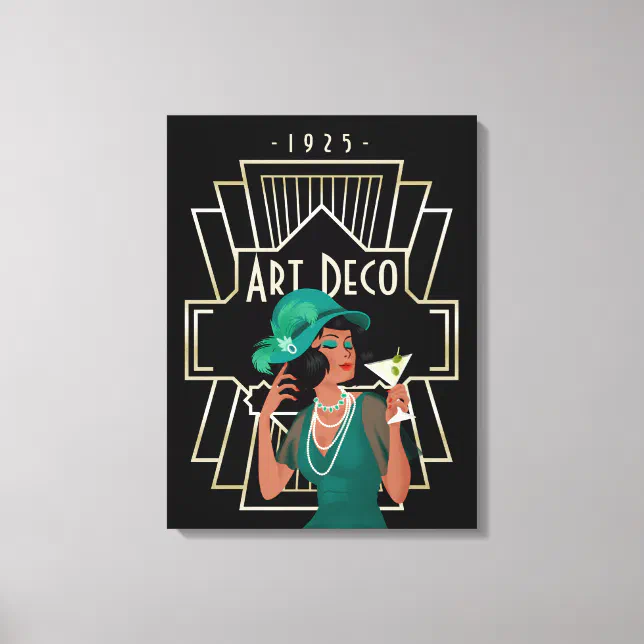Art Deco 1920s Lady Green Dress Gold Frame Black Canvas Print | Zazzle