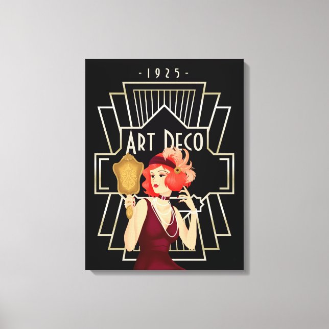 Art Deco 1920s Lady Mirror Gold Frame Black Canvas Print (Front)