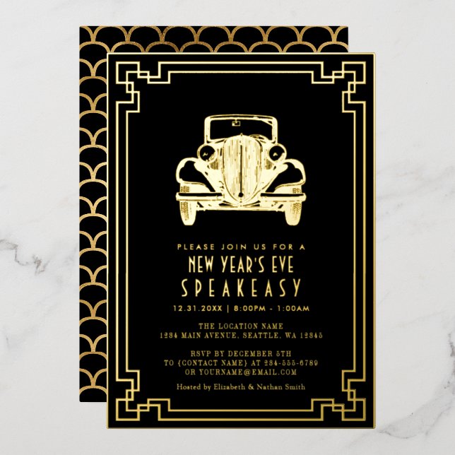 Art Deco 1920s New Year's Eve Party Foil Invitation (Front/Back)