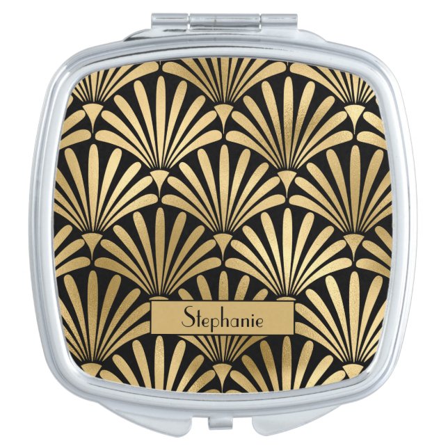 Art Deco 1920s  Personalized Black | Gold Pattern Compact Mirror (Front)
