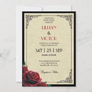 Art Deco 1920's Red Rose Wedding  Invitation