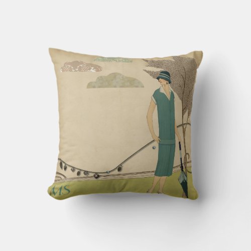 Art Deco 1920s Vintage Teal Olive Monogram Throw Pillow