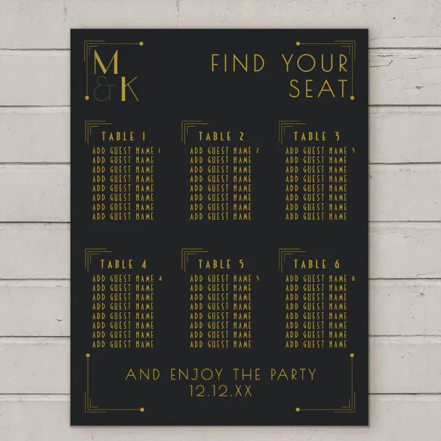 Art Deco 1920s Wedding 6 Table Seating Chart | Zazzle