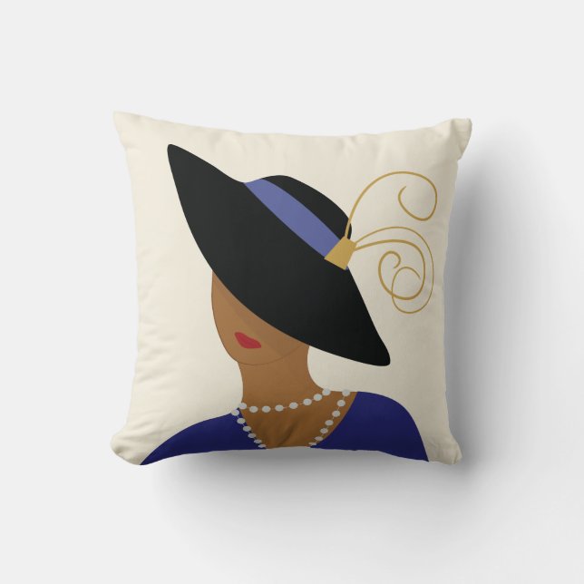 Art Deco 1930s Fashion Plate Woman in Black Hat Throw Pillow (Front)