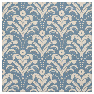 Art Deco 1930s Floral Damask Blue and Beige Fabric