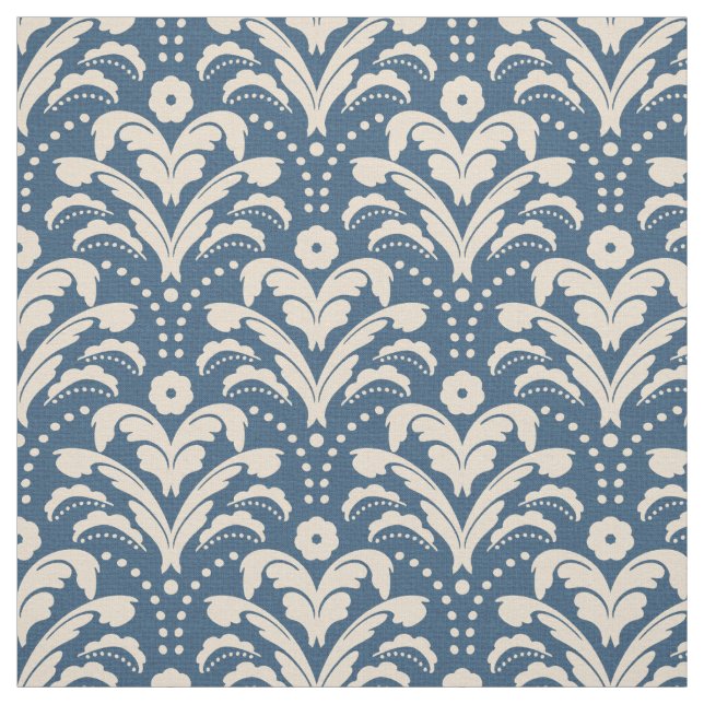 Art Deco 1930s Floral Damask Faux Burlap Blue Fabric (Swatch)