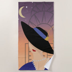 Art Deco 1930s Woman in Hat with Chrysler Building Beach Towel