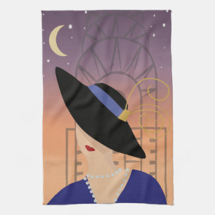 Art Deco 1930s Woman in Hat with Chrysler Building Kitchen Towel