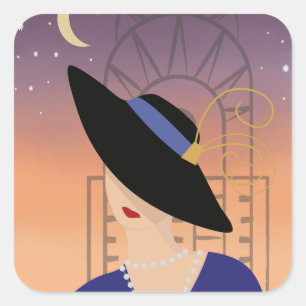 Art Deco 1930s Woman in Hat with Chrysler Building Square Sticker