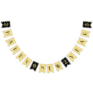 Art Deco 2025 Happy New Year Party Black Faux Gold Bunting Flags