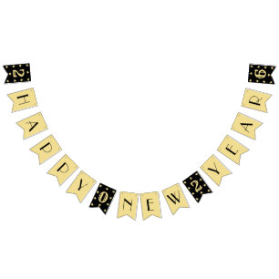Art Deco 2026 Happy New Year Party Black Faux Gold Bunting Flags