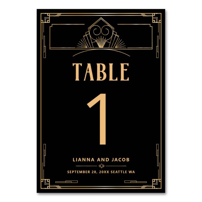 Art Deco 20s Black and Gold Wedding Table Number (Front)