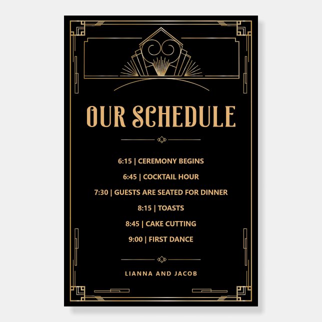 Art Deco 20s Black Gold Wedding Order of Events Foam Board (Front)